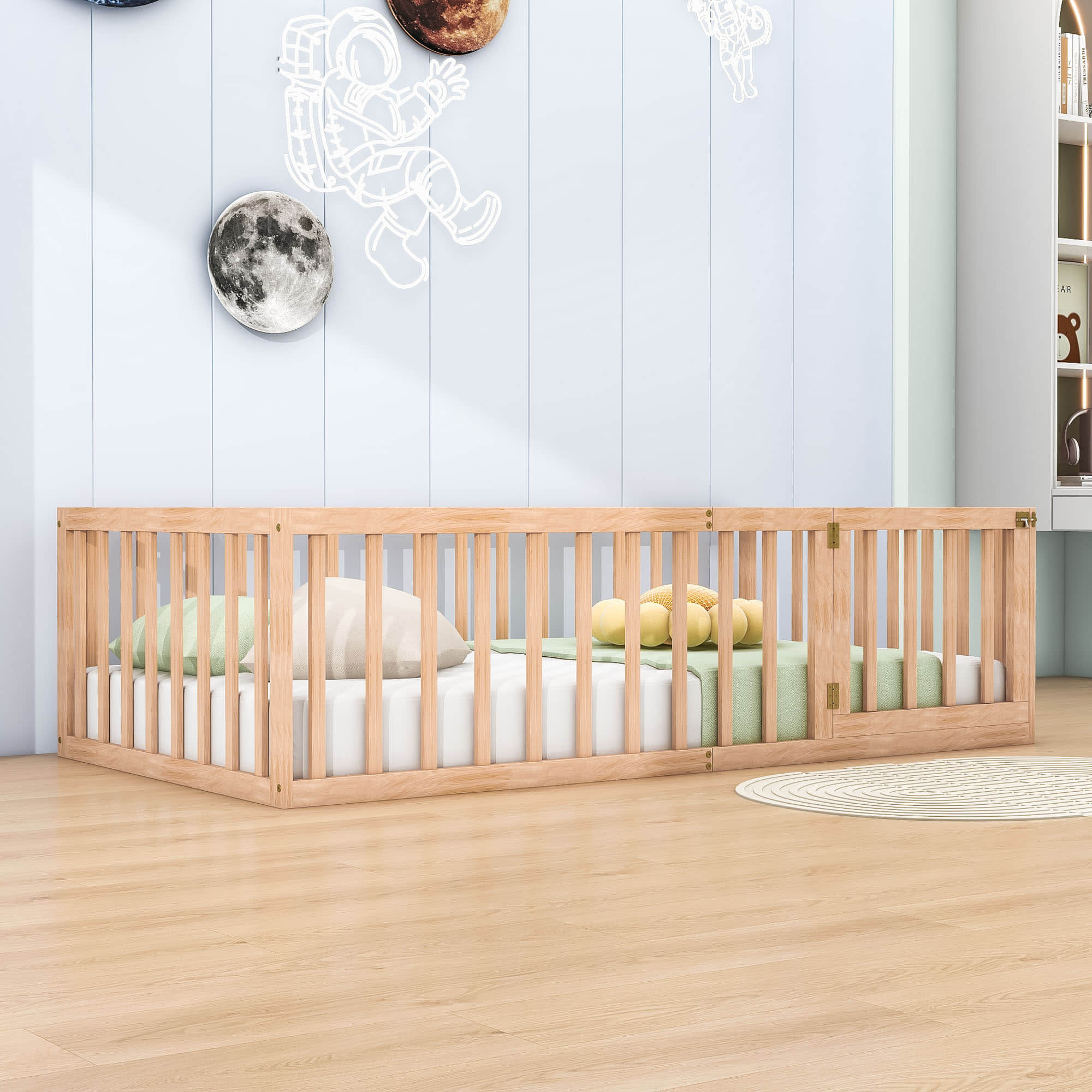 Wood Twin Size Montessori Toddler Floor Bed Frame with Rails and Door