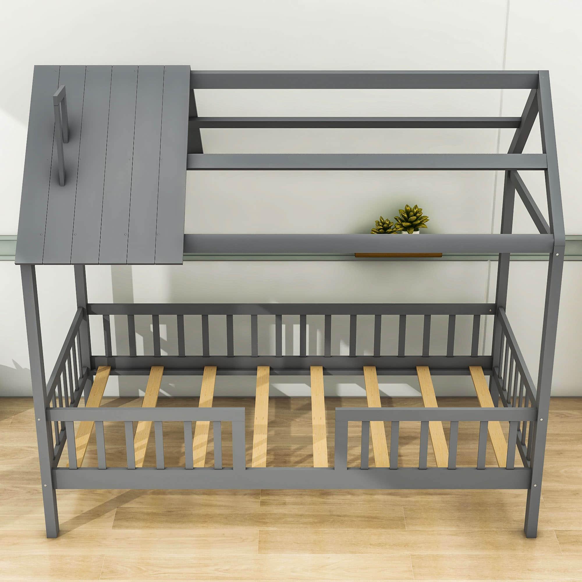 Twin Size Montessori Wooden Kids Low Farmhouse Bed Frame with Rails