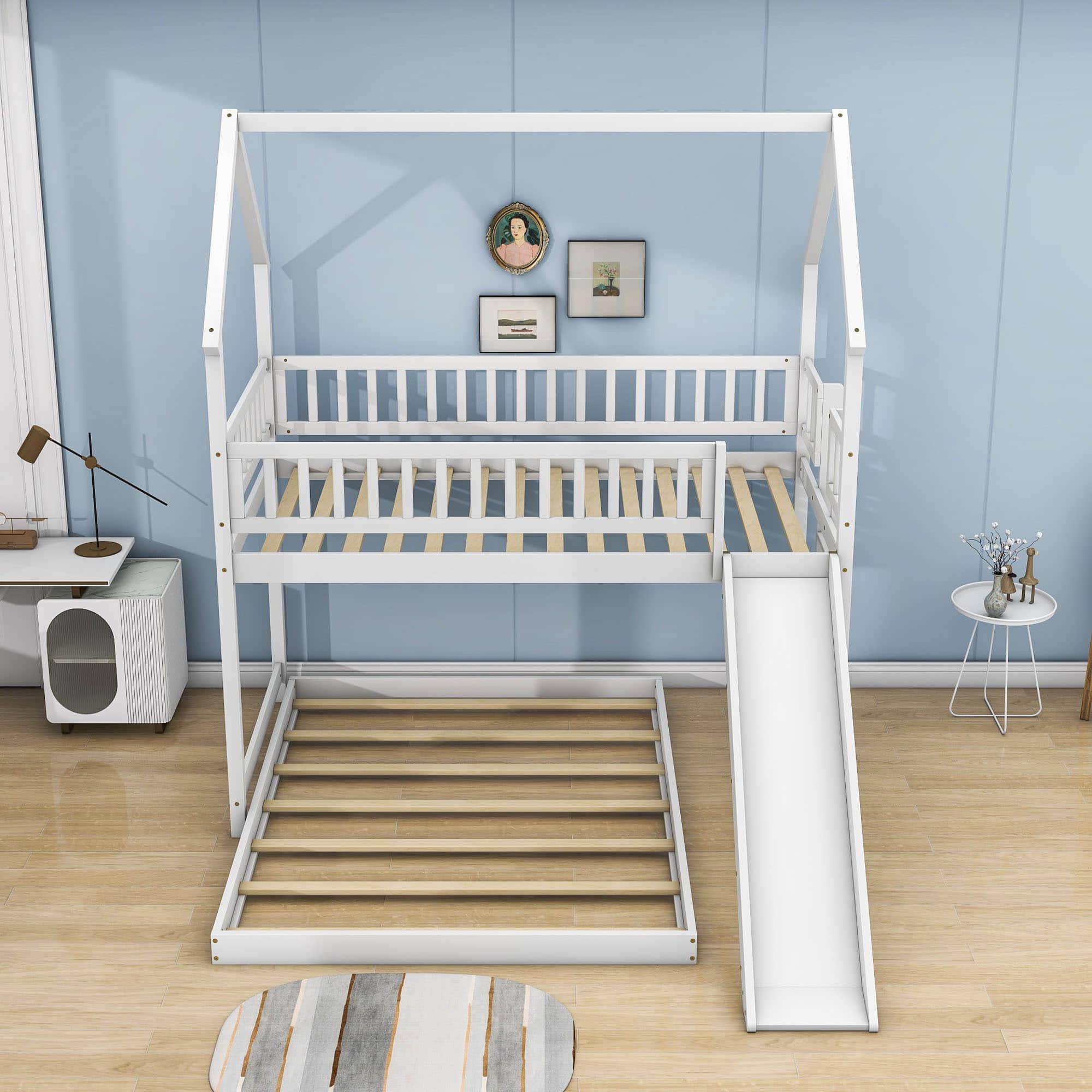 Modern Low Twin Over Full House Bunk Beds with Slide for Kids - [Wooden, Floor, L-Shaped]