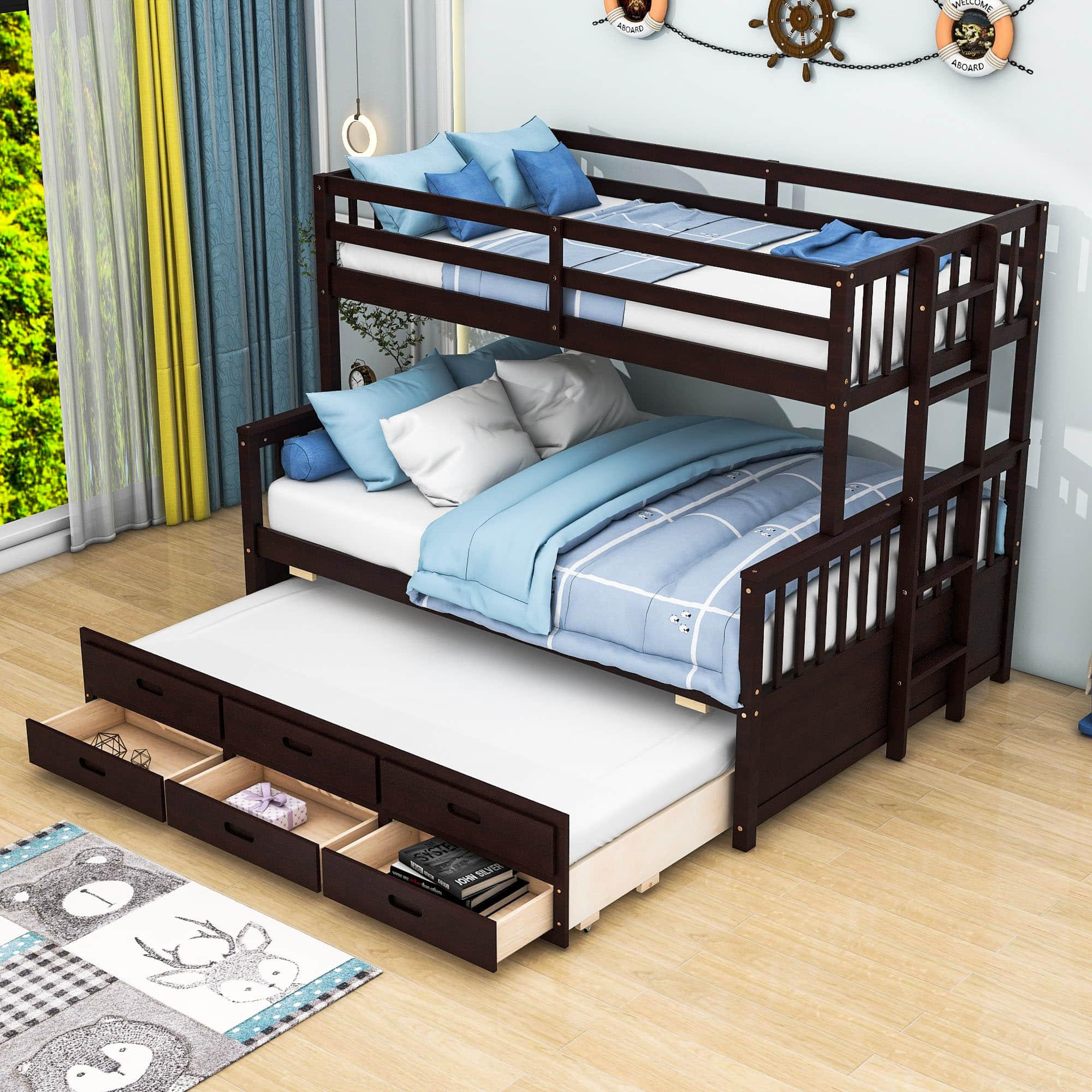 Wooden Twin Over Full Convertible Bunk Beds with Trundle and Storage