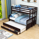 Wooden Twin Over Full Convertible Bunk Beds with Trundle and Storage