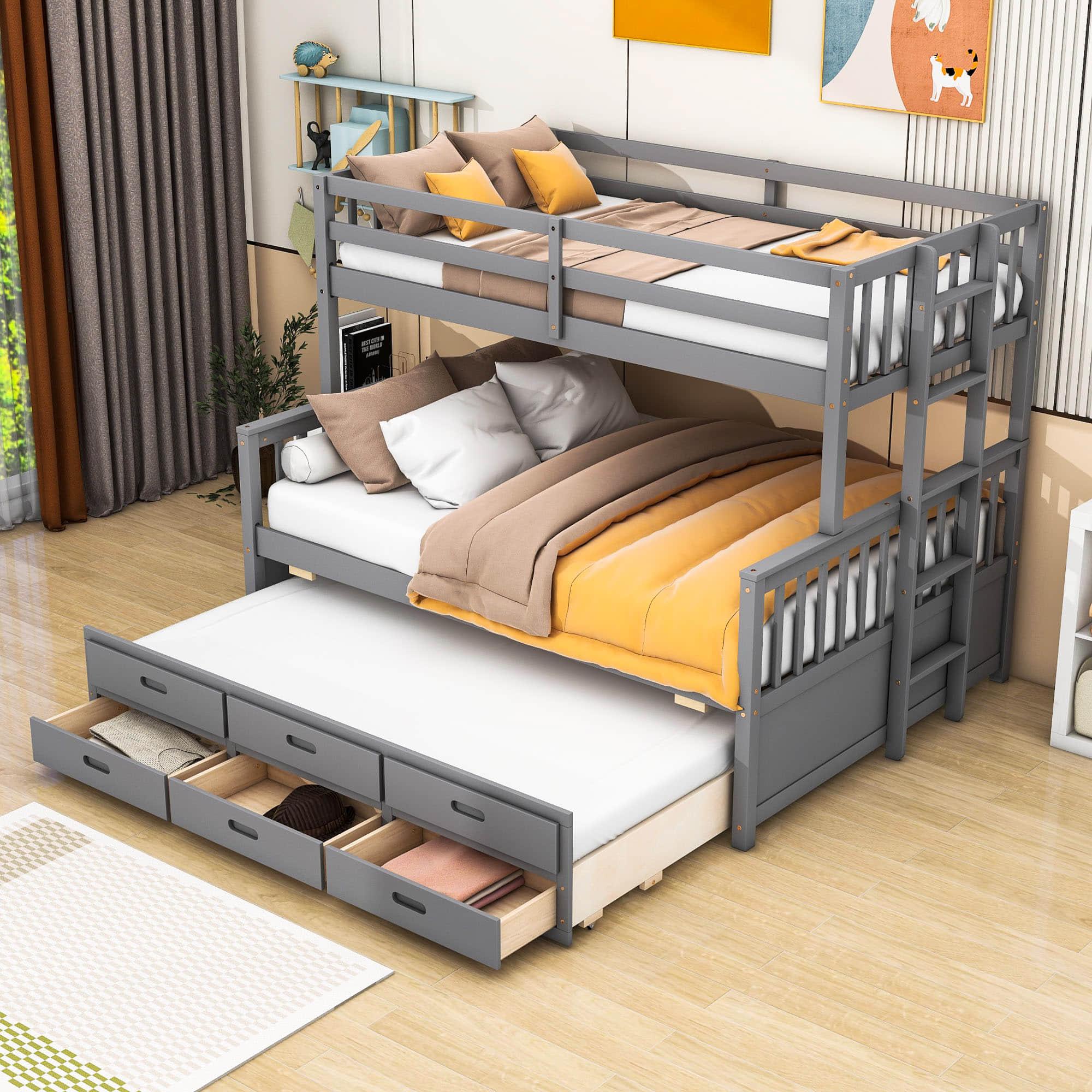 Wooden Twin Over Full Convertible Bunk Beds with Trundle and Storage