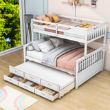 Wooden Twin Over Full Convertible Bunk Beds with Trundle and Storage