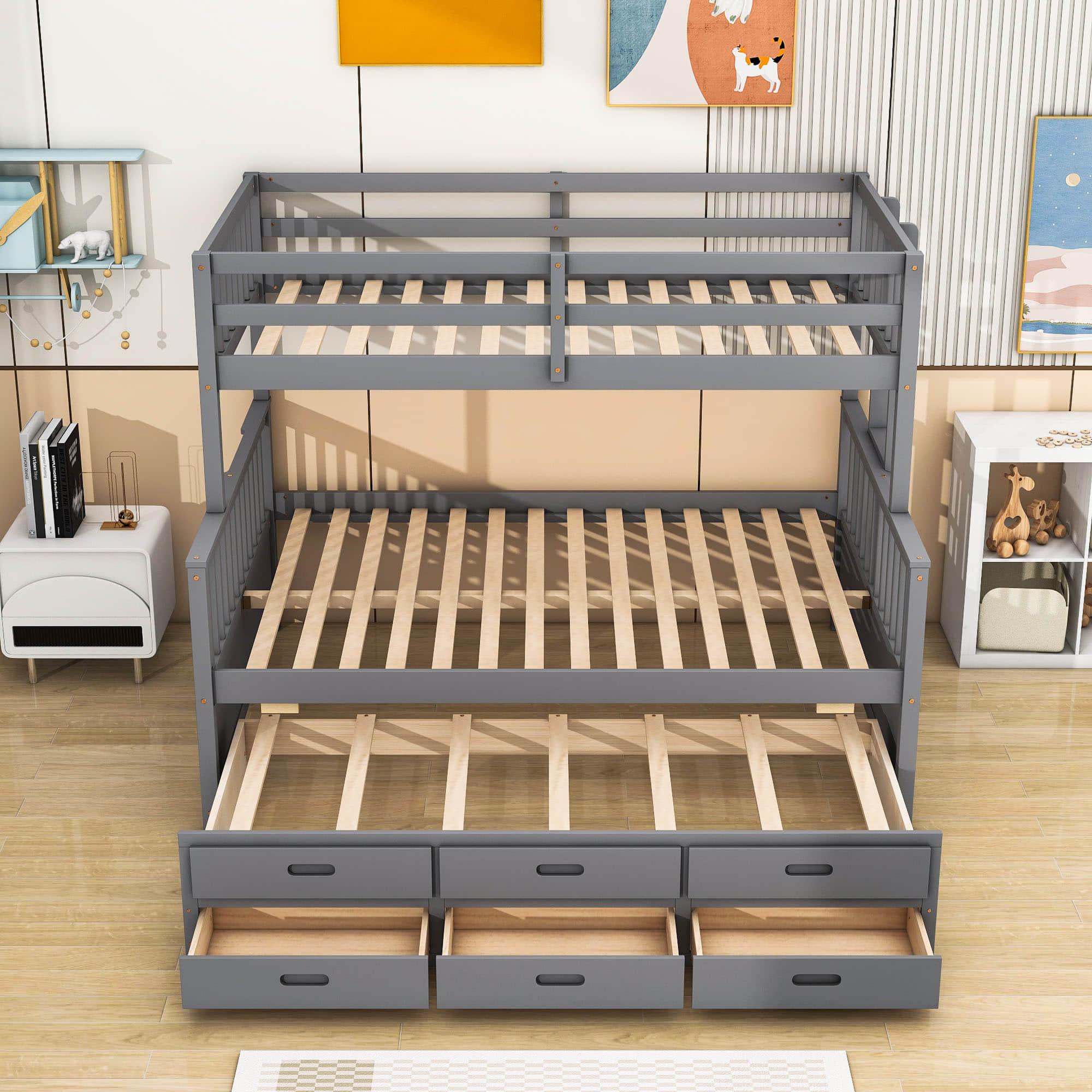 Wooden Twin Over Full Convertible Bunk Beds with Trundle and Storage