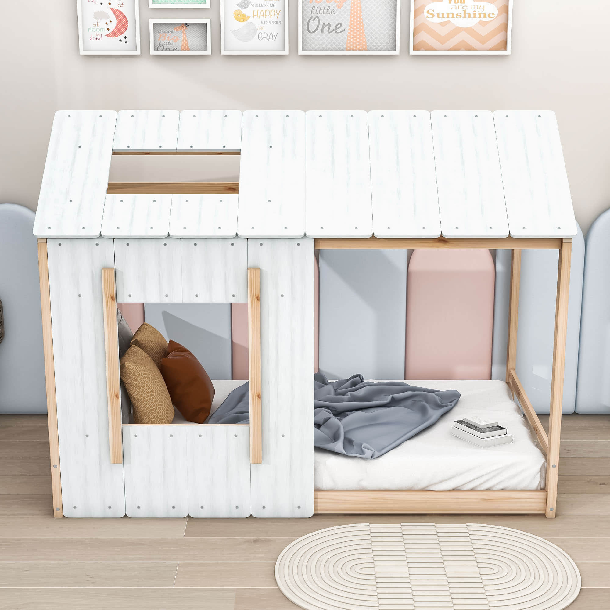 Wood House-Shaped Twin Floor Bed Frame for Toddler, Kids - [Roof]