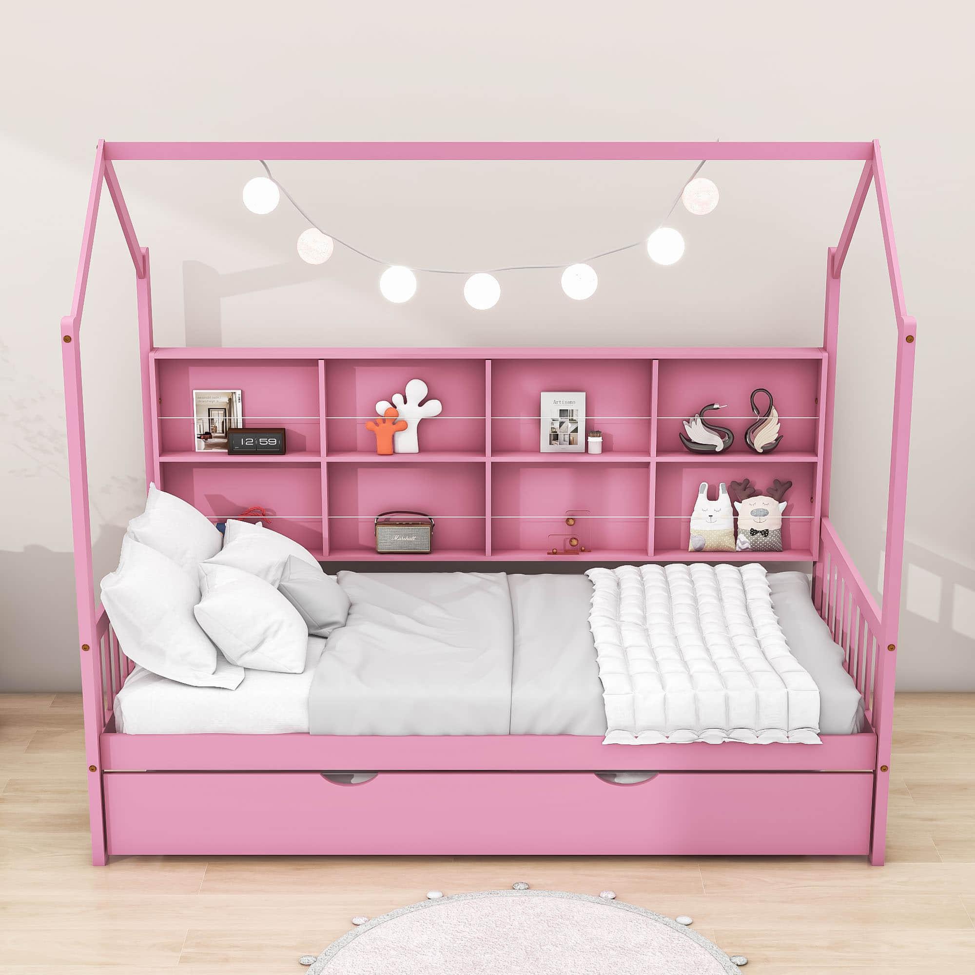 Twin Size Kids House Bed Frame with Twin Trundle and Shelf above Bed