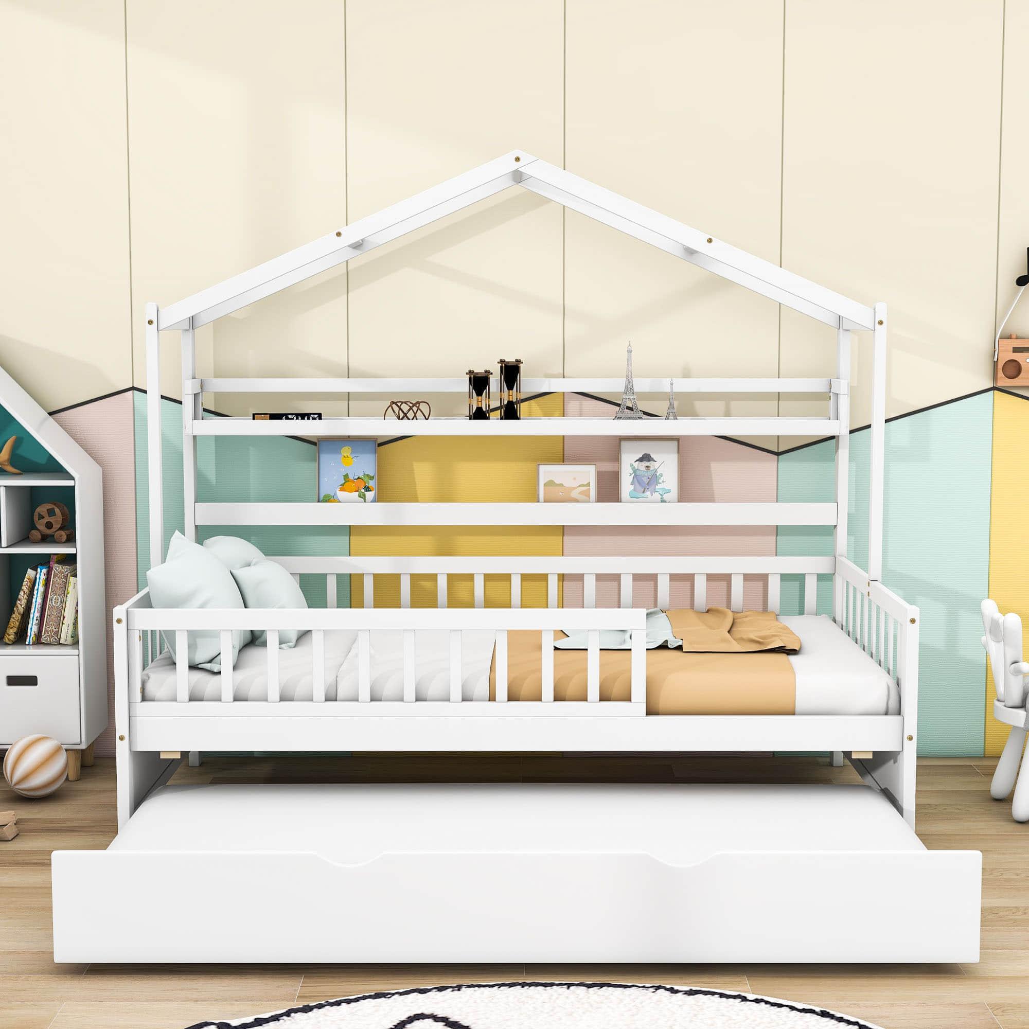 Wood Twin Size Low House Bed Frame with Storage and Twin Trundle Bed