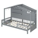 Low Profile Twin House Bed Frame for Kids with Rails and Light Strip