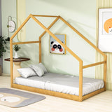 Montessori Twin Size Floor House Bed Frame for Toddler Kids - [Low, Wood]