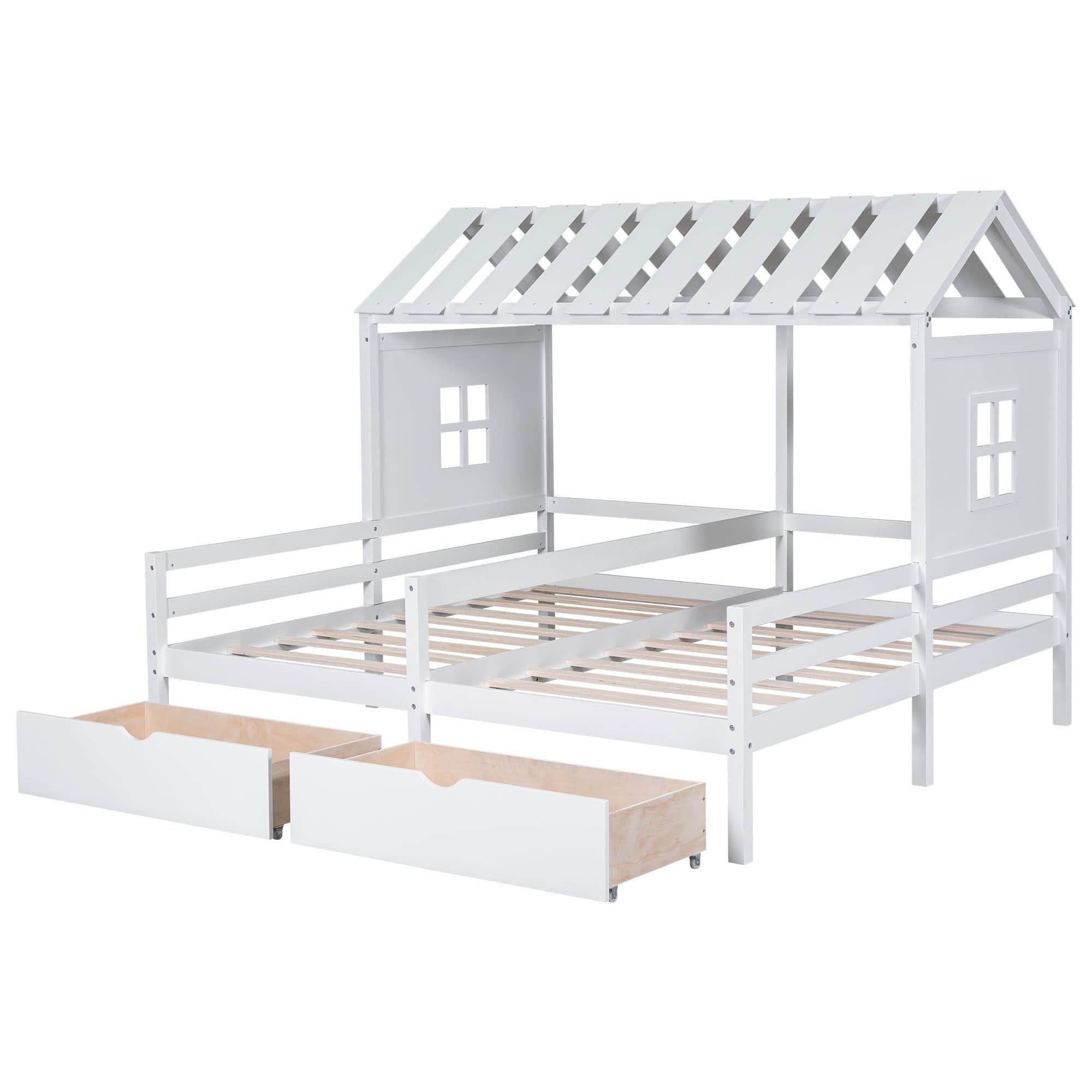 Double Twin House Platform Bed with Storage for 2 Kids to Share