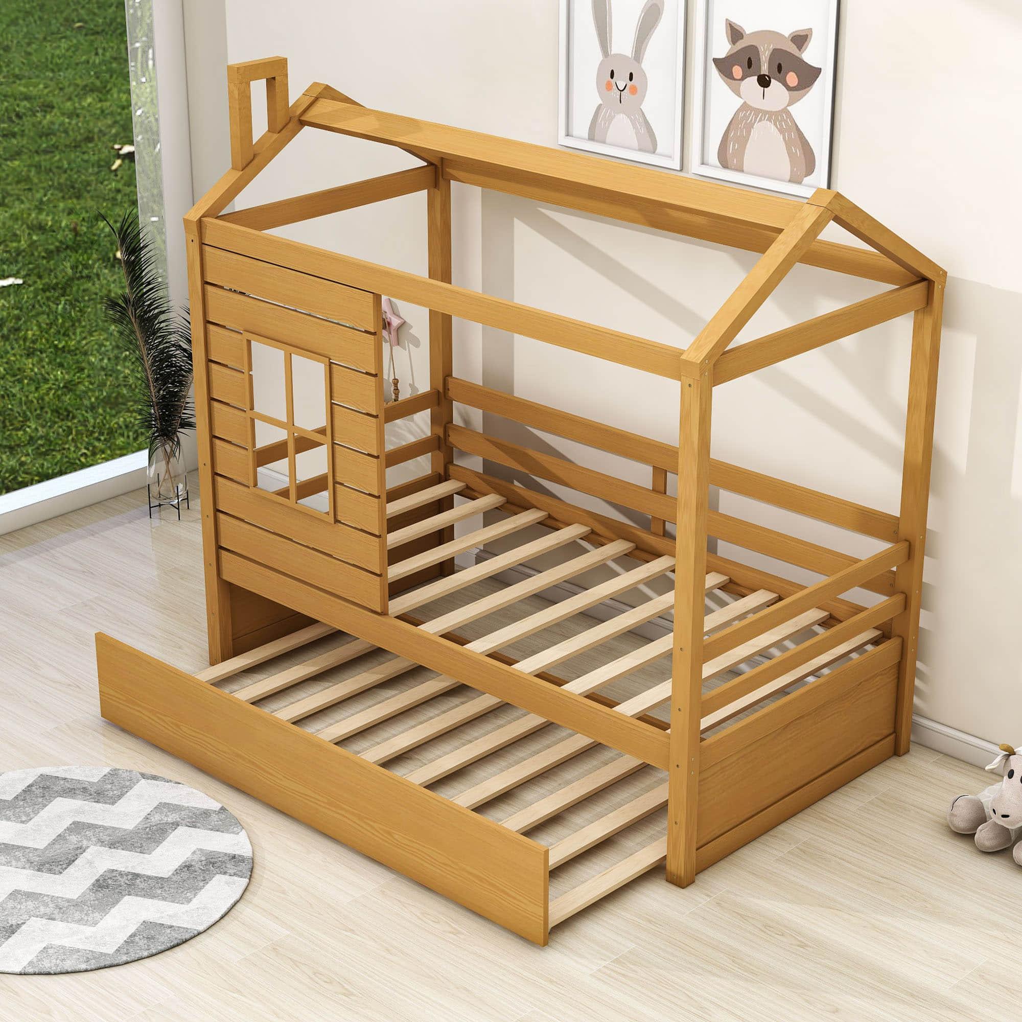 Kids Twin House Bed with Twin Trundle Bed and Rails