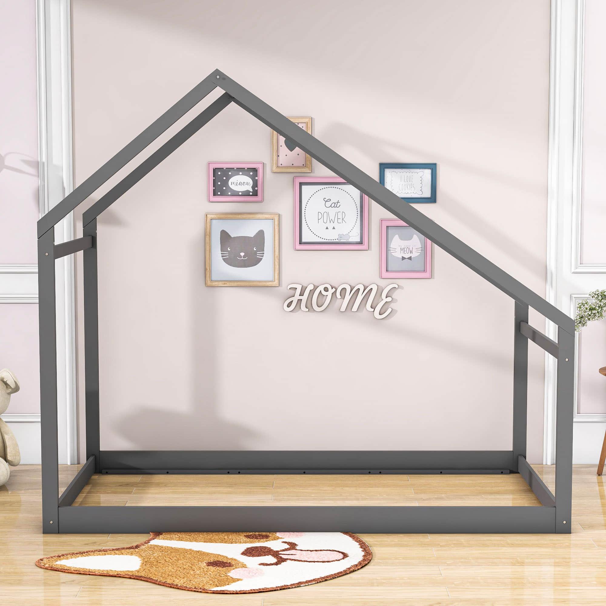 Montessori Twin Size Floor House Bed Frame for Toddler Kids - [Low, Wood]