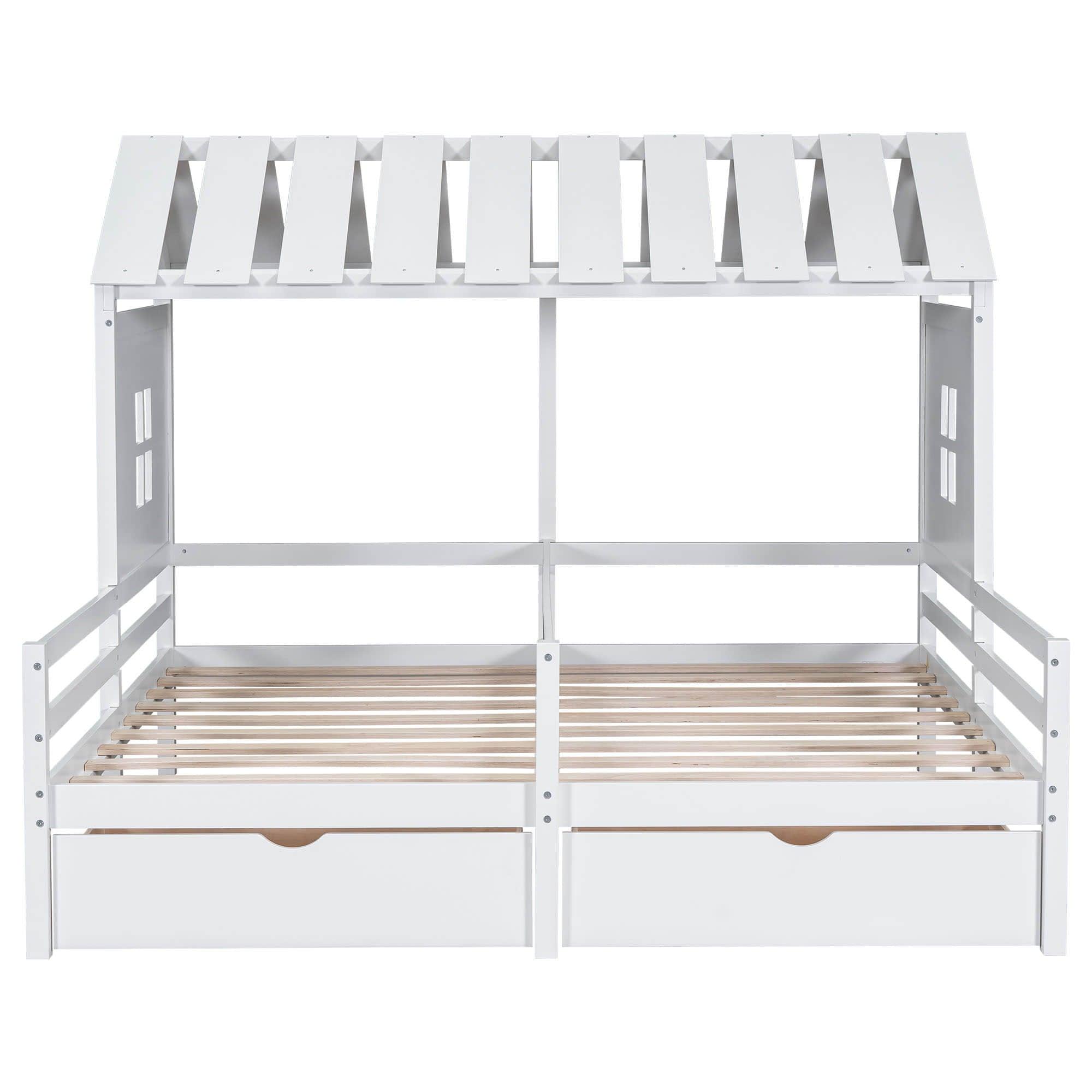 Double Twin House Platform Bed with Storage for 2 Kids to Share