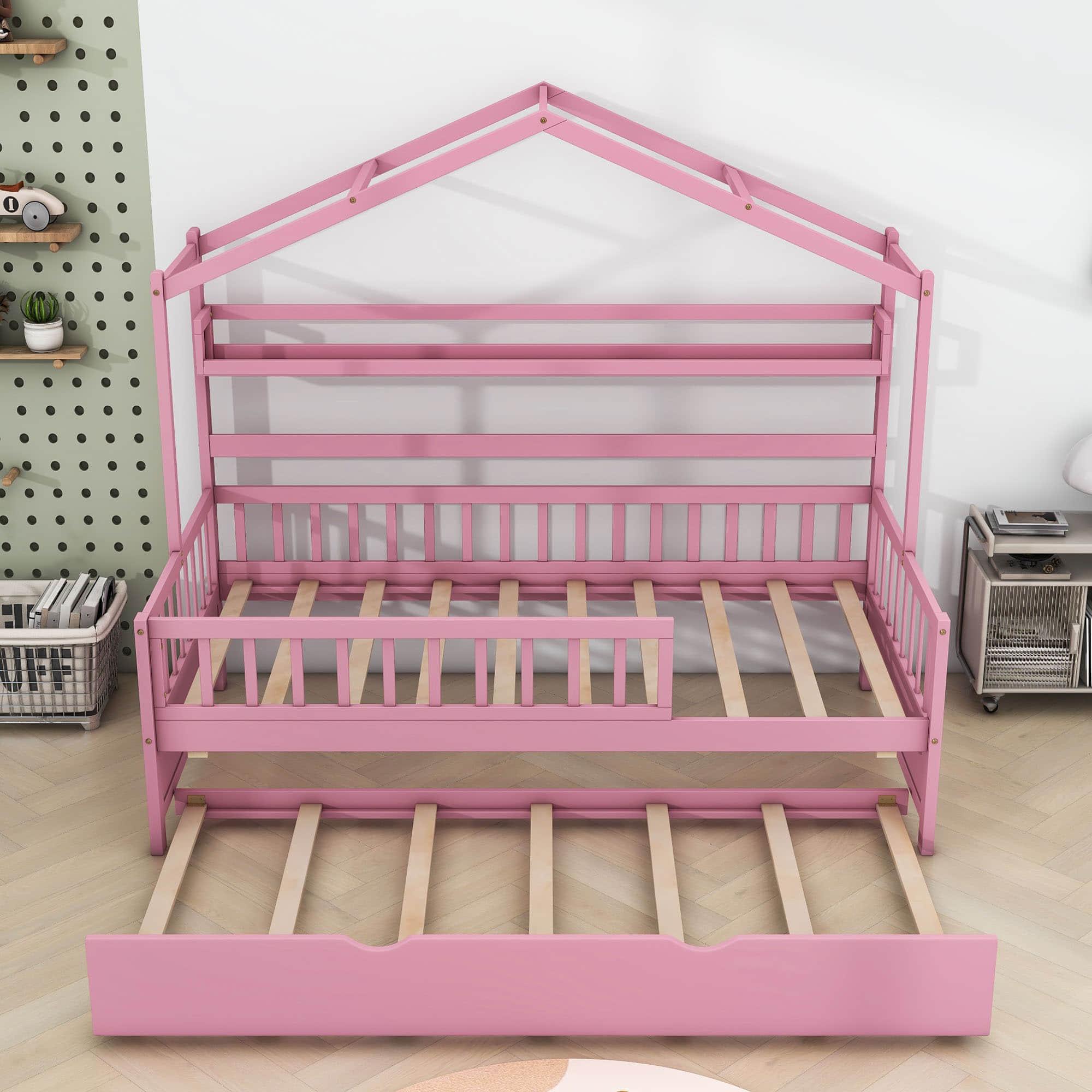 Wood Twin Size Low House Bed Frame with Storage and Twin Trundle Bed