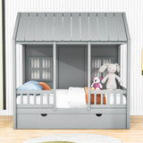 Wooden Twin House Kids Bed with Twin Trundle Bed and Rails