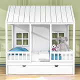 Wooden Twin House Kids Bed with Twin Trundle Bed and Rails