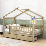 Twin Size Wood House Toddler Bed Frame with Rails and Storage