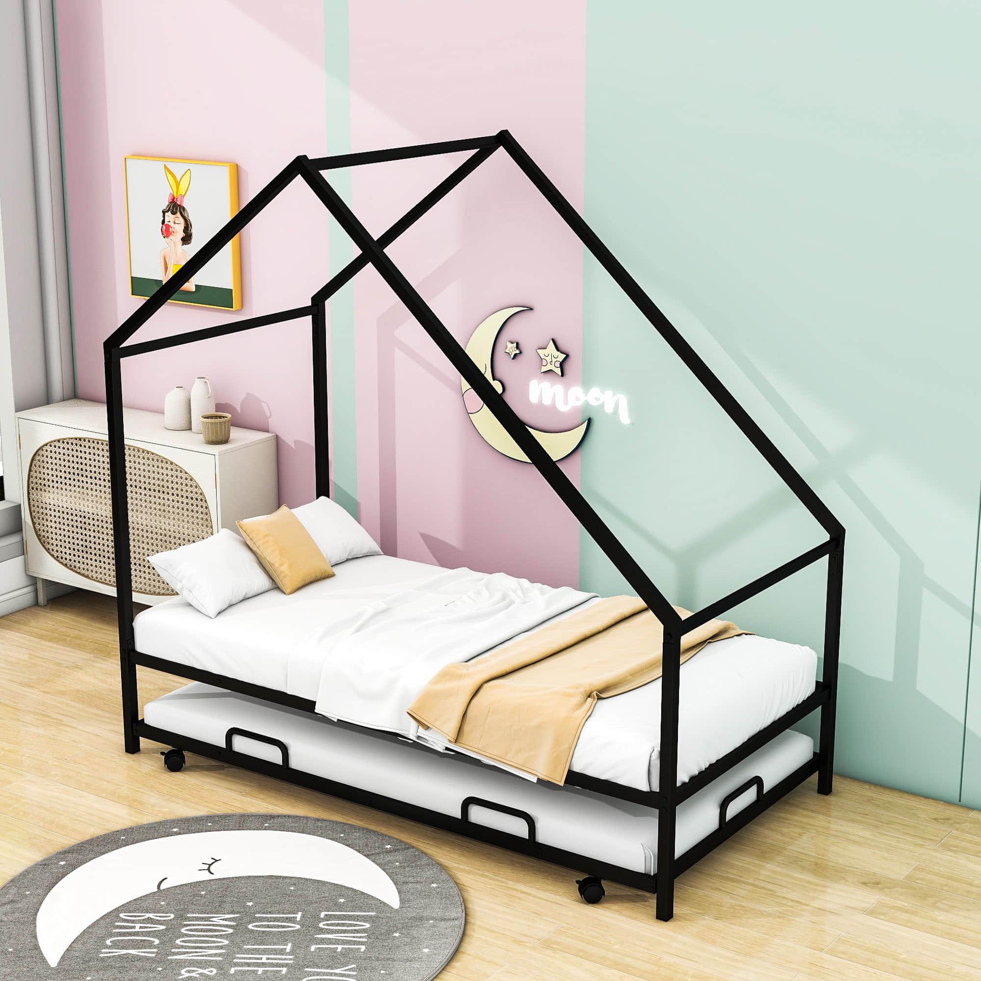 Twin Size Metal Tent House Bed Frame with Twin Trundle Bed