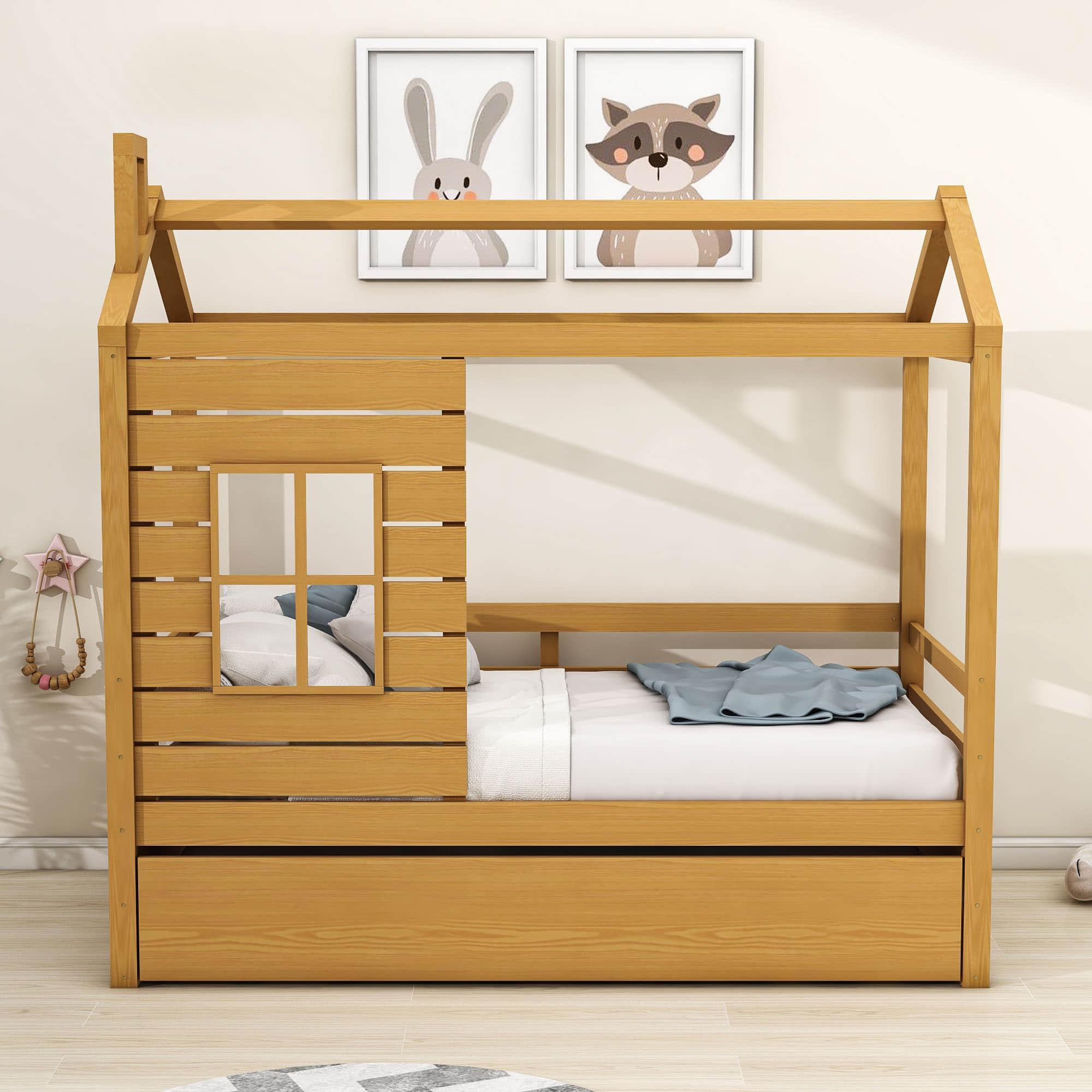 Kids Twin House Bed with Twin Trundle Bed and Rails