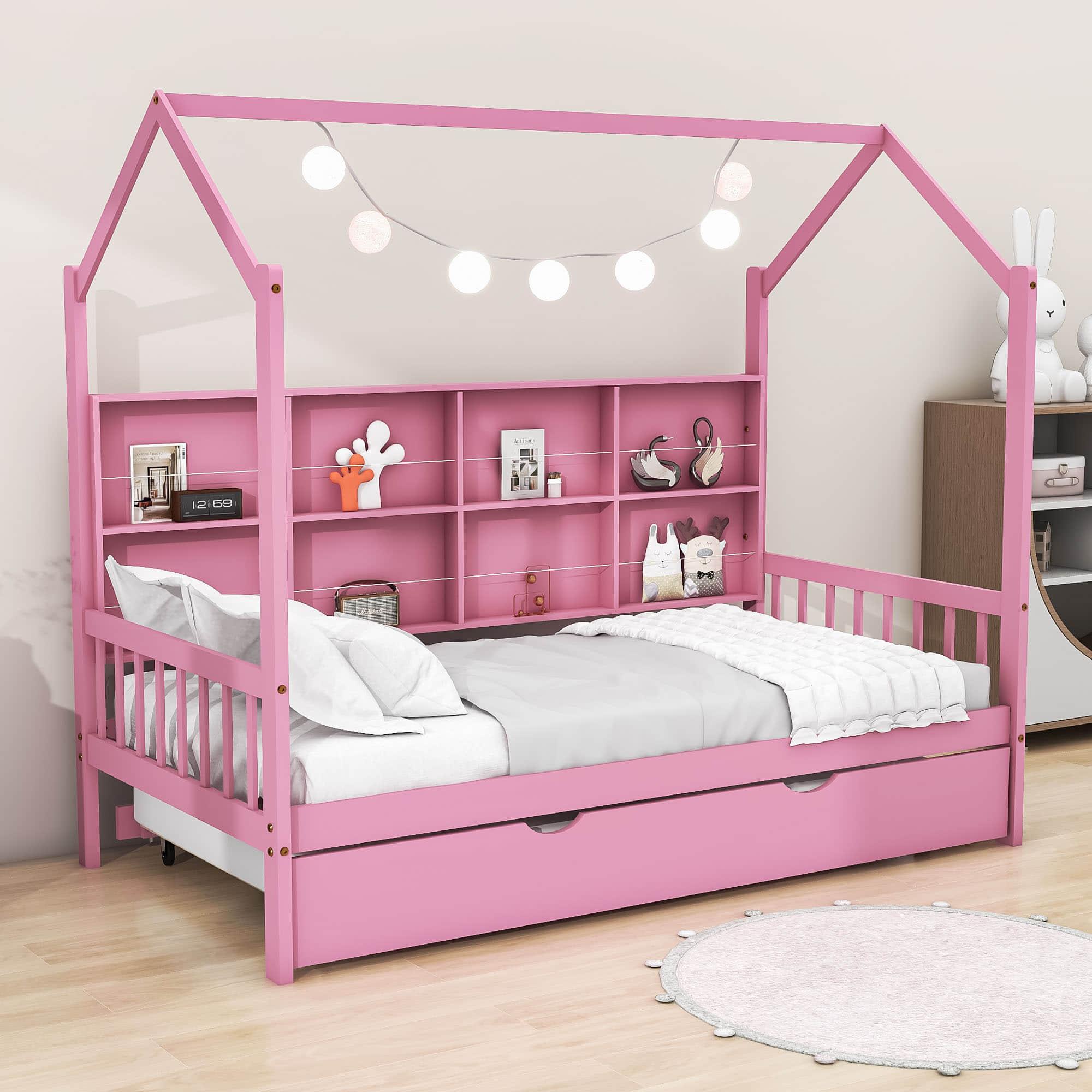 Twin Size Kids House Bed Frame with Twin Trundle and Shelf above Bed