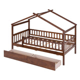 Twin Size Wood House Toddler Bed Frame with Rails and Storage