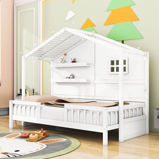 Low Profile Twin House Bed Frame for Kids with Rails and Light Strip