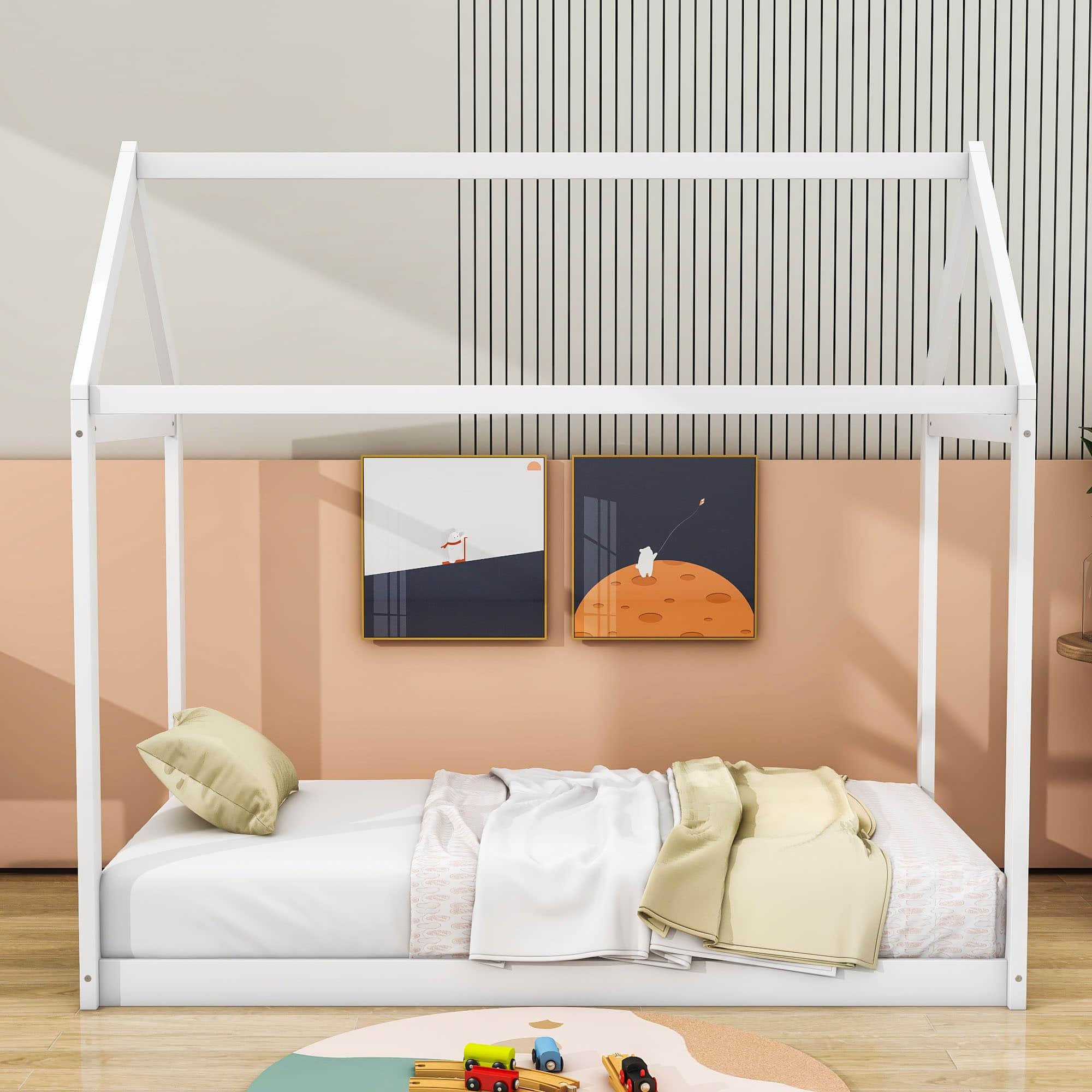 Wooden Twin Size Low to Floor Toddler House Bed Frame