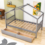 Kids Low Wooden House Bed with Storage and Headboard - [Drawers, Footboard]