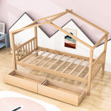 Kids Low Wooden House Bed with Storage and Headboard - [Drawers, Footboard]