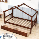 Kids Low Wooden House Bed with Storage and Headboard - [Drawers, Footboard]