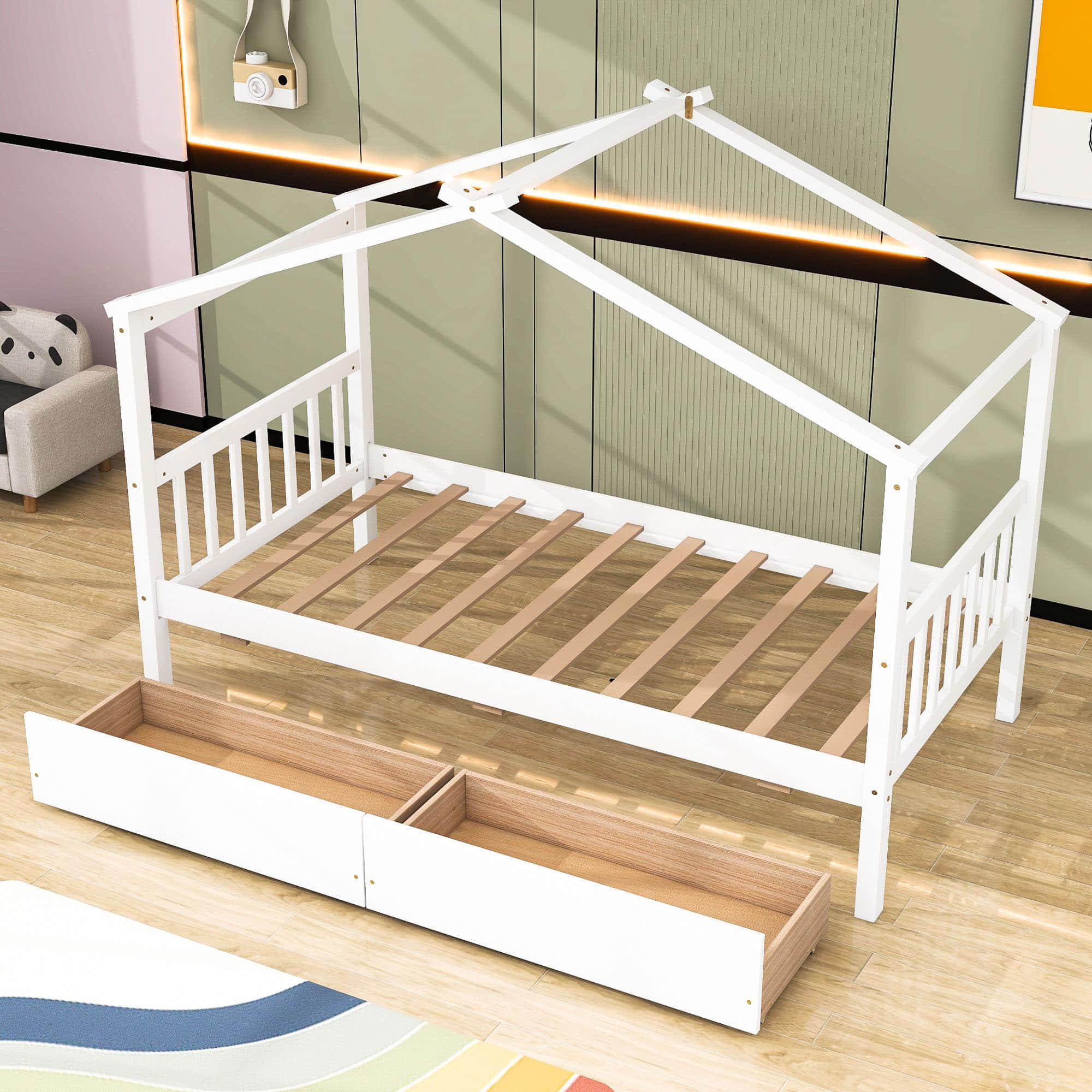 Kids Low Wooden House Bed with Storage and Headboard - [Drawers, Footboard]