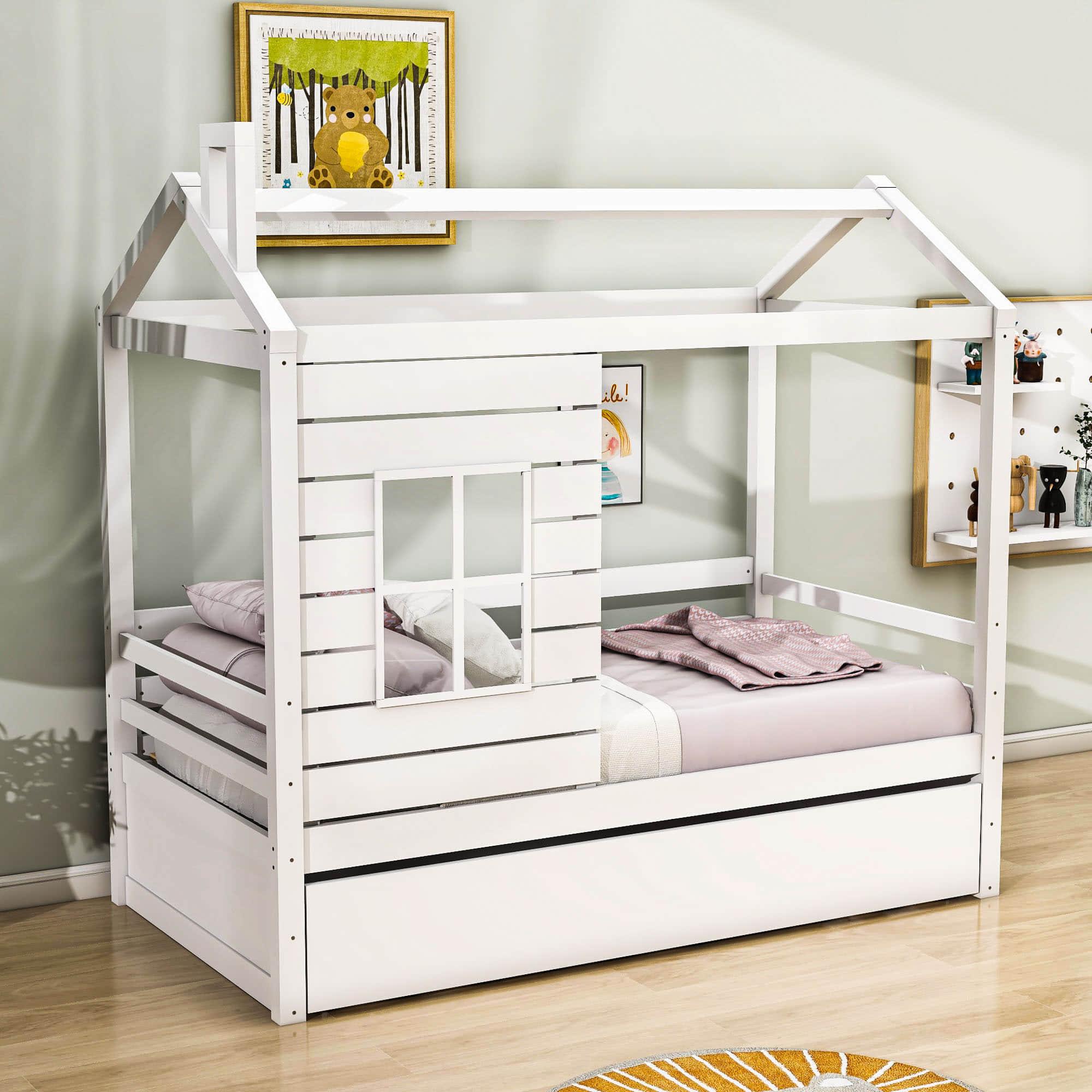 Kids Twin House Bed with Twin Trundle Bed and Rails