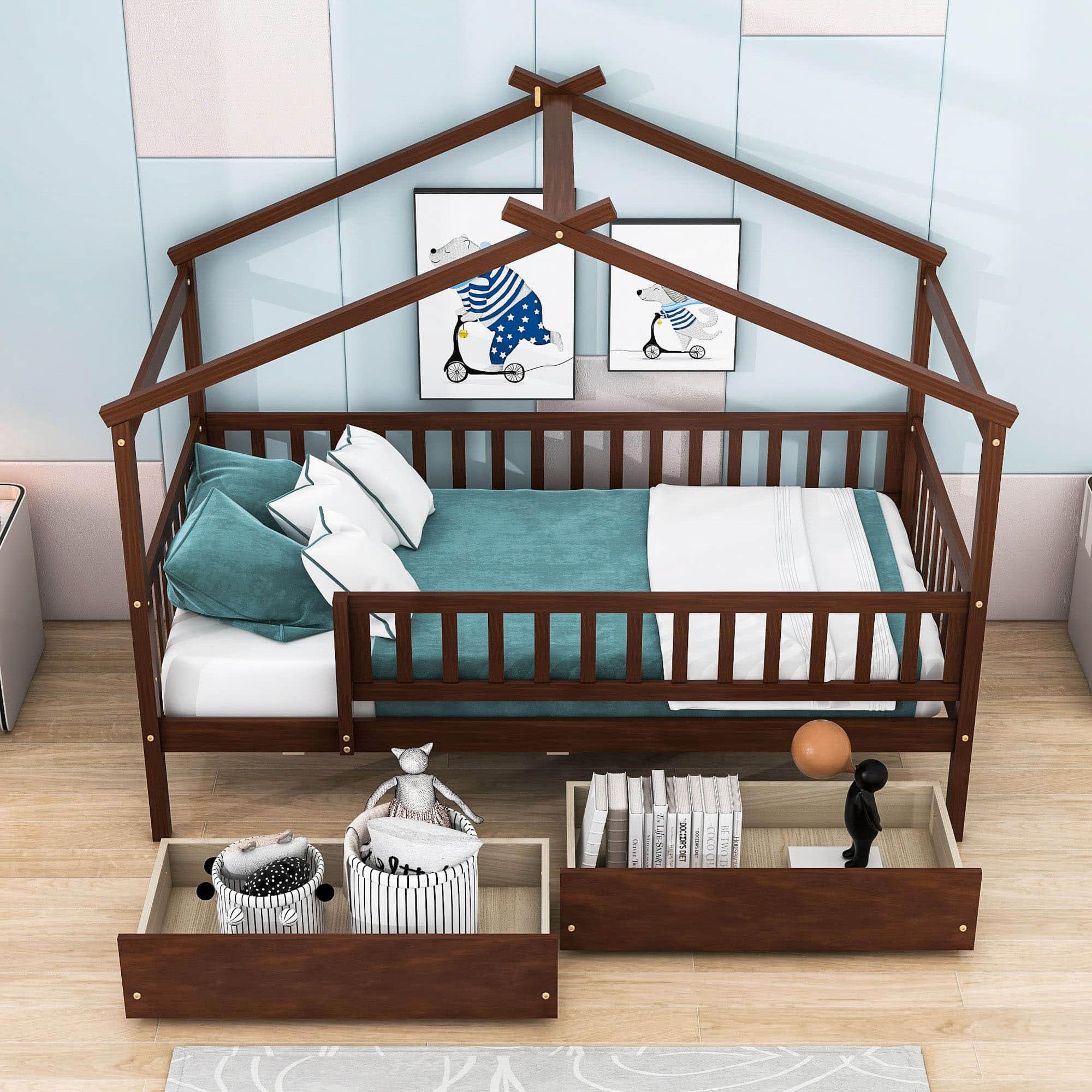 Twin Size Wood House Toddler Bed Frame with Rails and Storage