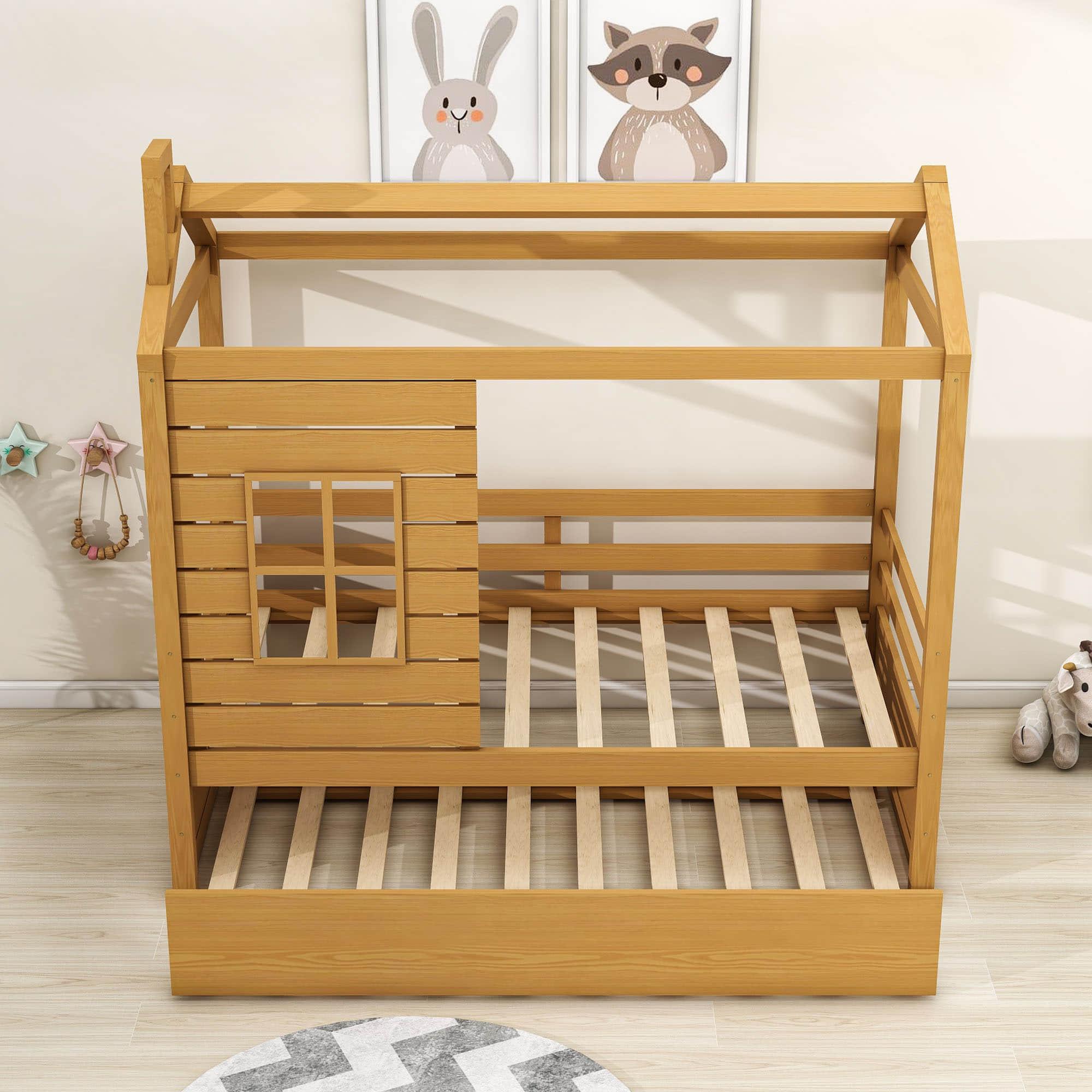 Kids Twin House Bed with Twin Trundle Bed and Rails