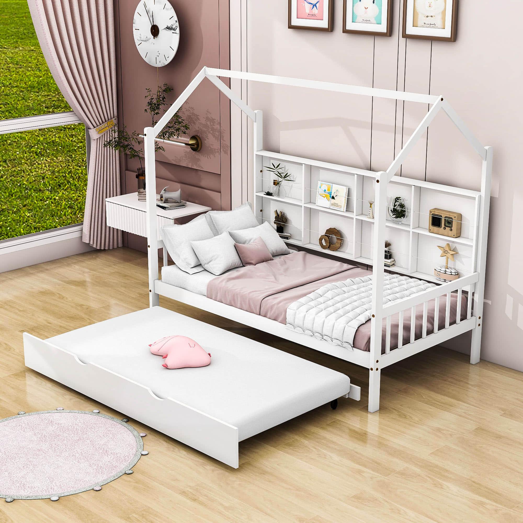 Twin Size Kids House Bed Frame with Twin Trundle and Shelf above Bed