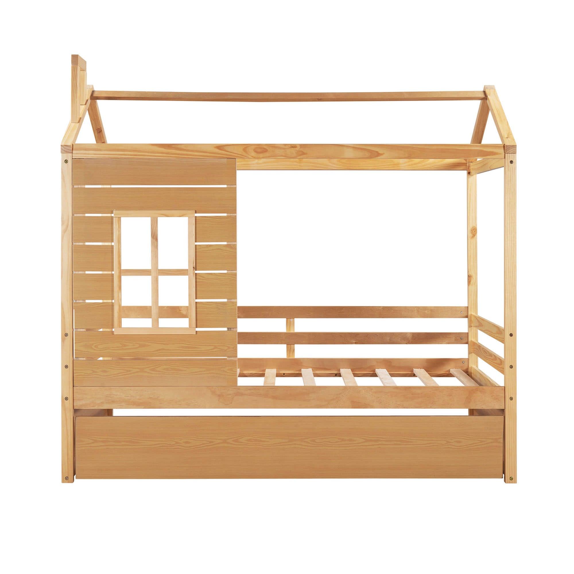 Kids Twin House Bed with Twin Trundle Bed and Rails