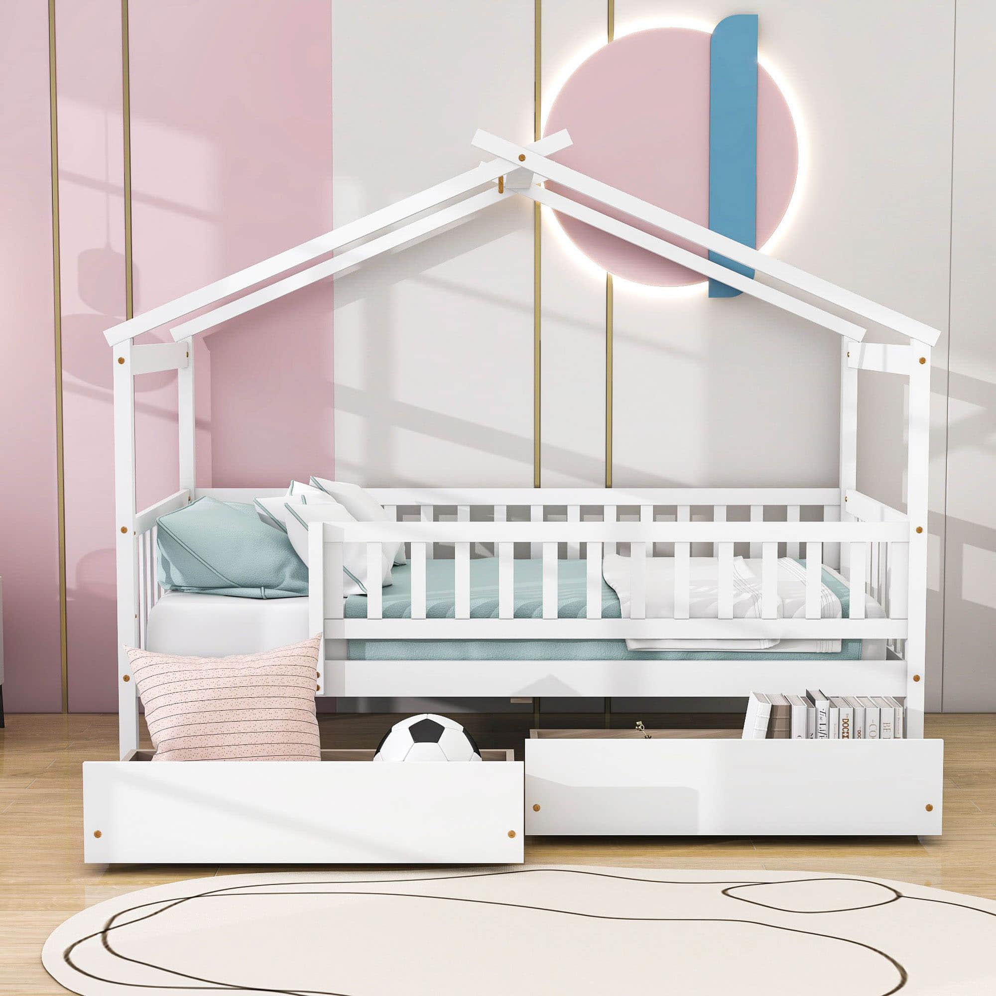 Twin Size Wood House Toddler Bed Frame with Rails and Storage