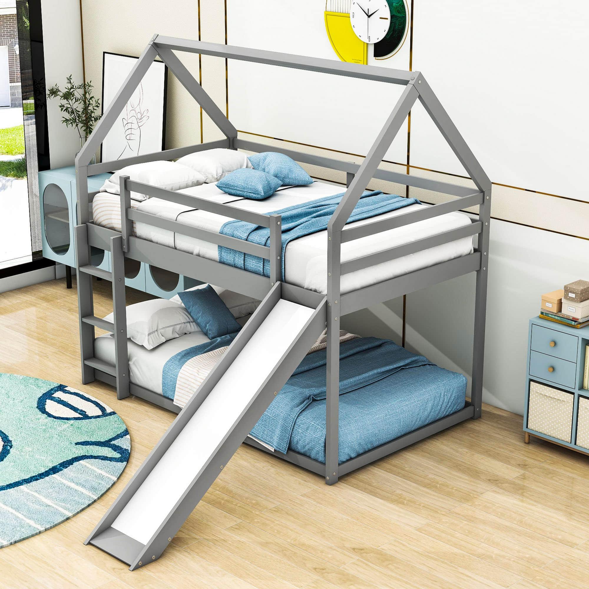 Twin Over Twin House Low Bunk Bed with Slide and Ladder - [Floor, Wood]