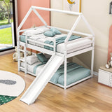 Twin Over Twin House Low Bunk Bed with Slide and Ladder - [Floor, Wood]