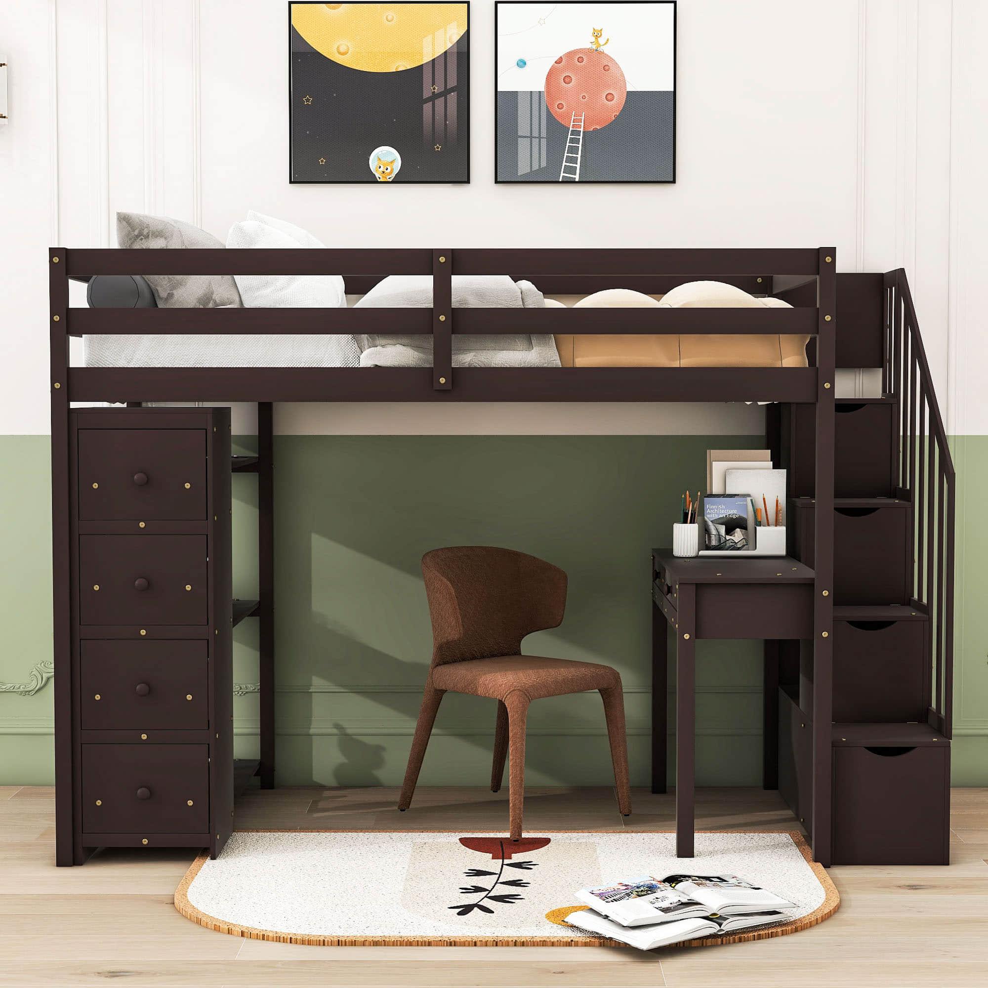 Wood Twin Loft Bed with Desk and Storage, Stairs - [Drawers, Shelves]