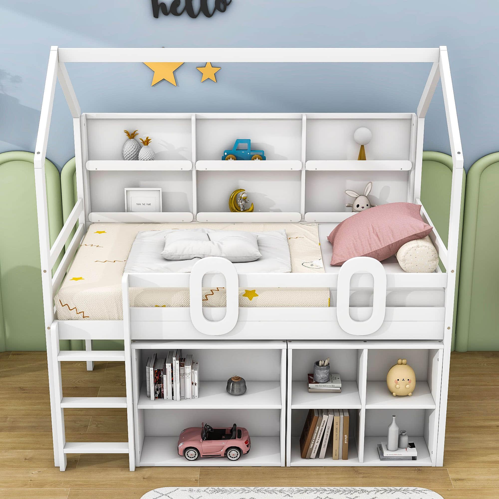 Low Kids Twin Loft House Bed with Storage Shelves - [Wooden]