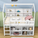 Low Kids Twin Loft House Bed with Storage Shelves - [Wooden]