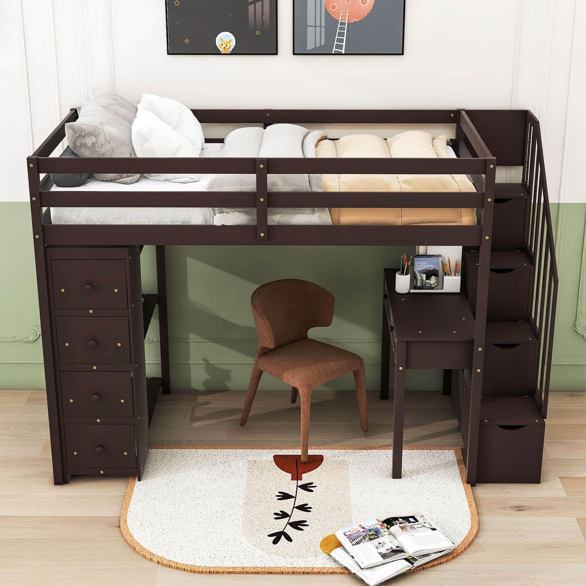 Wood Twin Loft Bed with Desk and Storage, Stairs - [Drawers, Shelves]