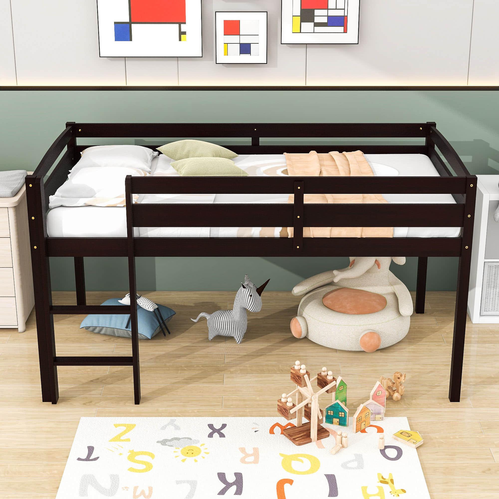 Wood Low Kids Twin Space Saving Loft Bed for Small Rooms