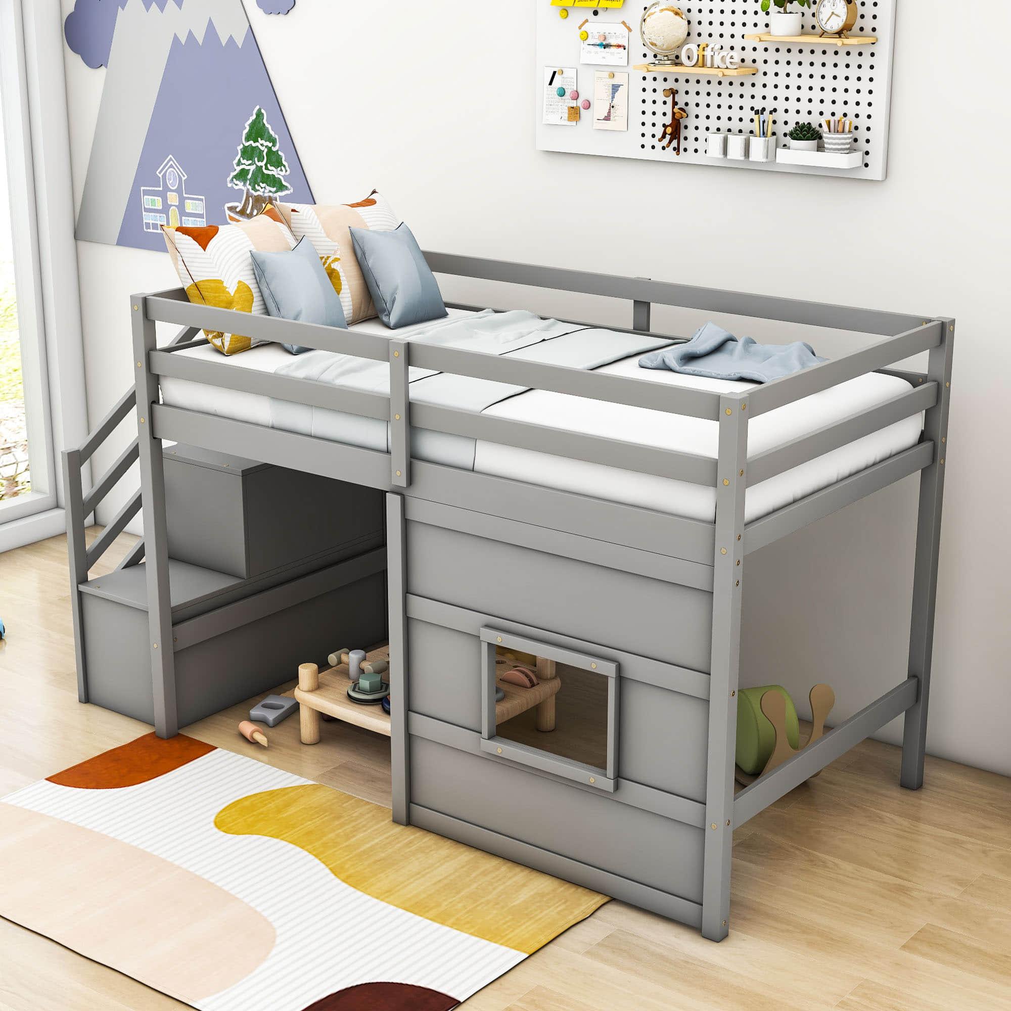 Wooden Low Twin Loft Bed with Storage Stairs for Kids, Toddler