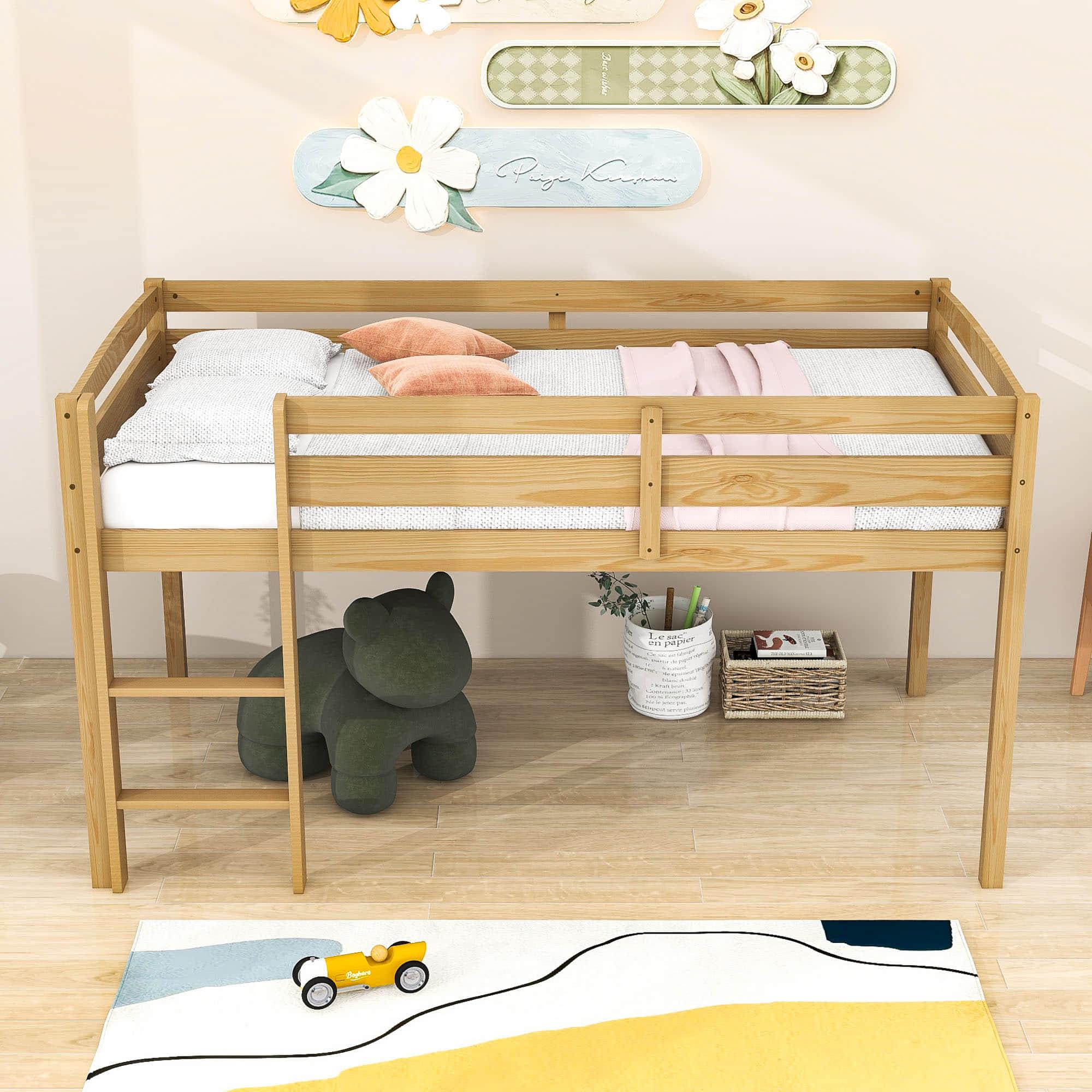 Wood Low Kids Twin Space Saving Loft Bed for Small Rooms