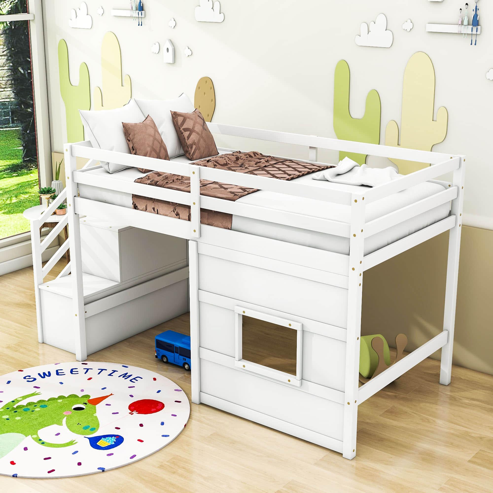 Wooden Low Twin Loft Bed with Storage Stairs for Kids, Toddler