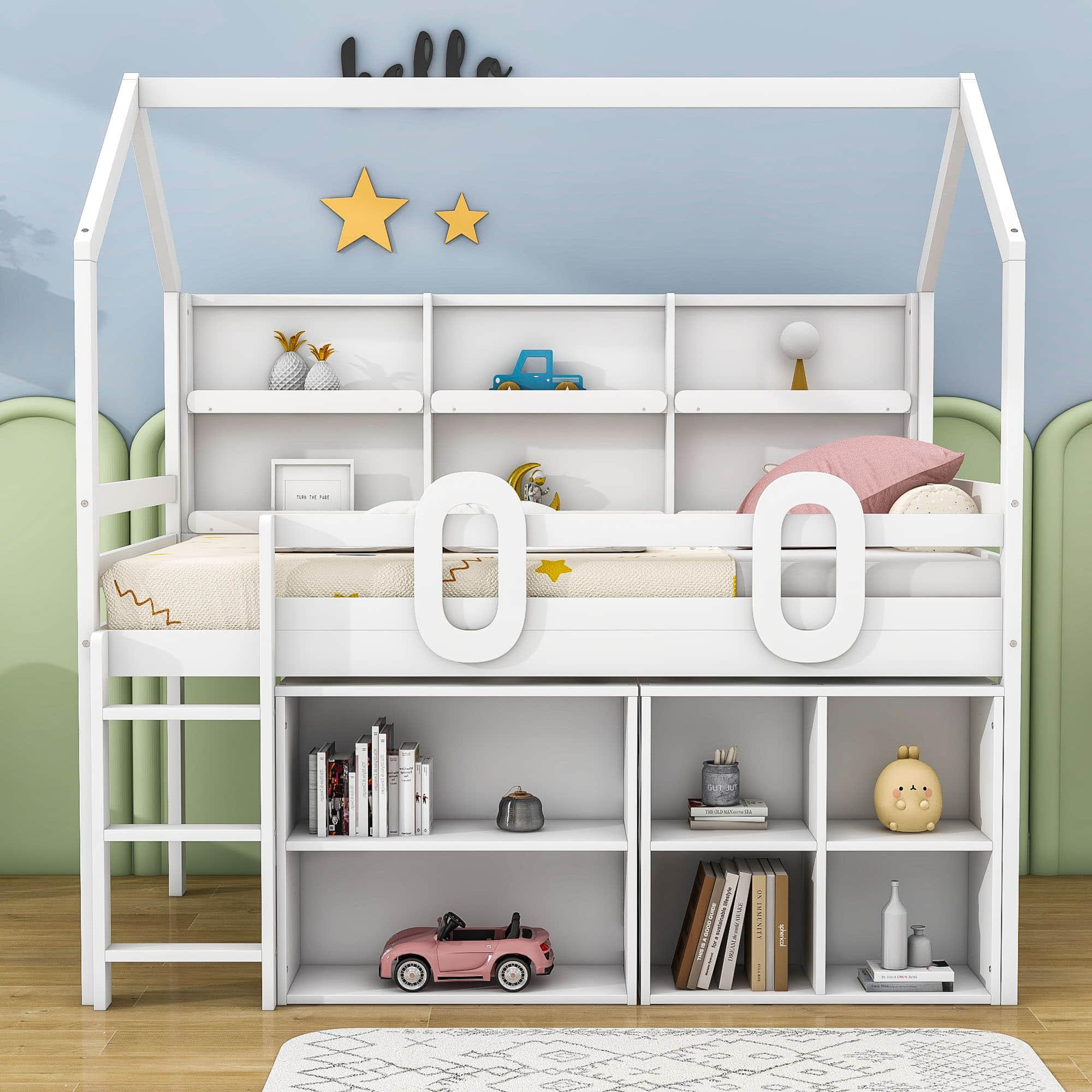 Low Kids Twin Loft House Bed with Storage Shelves - [Wooden]