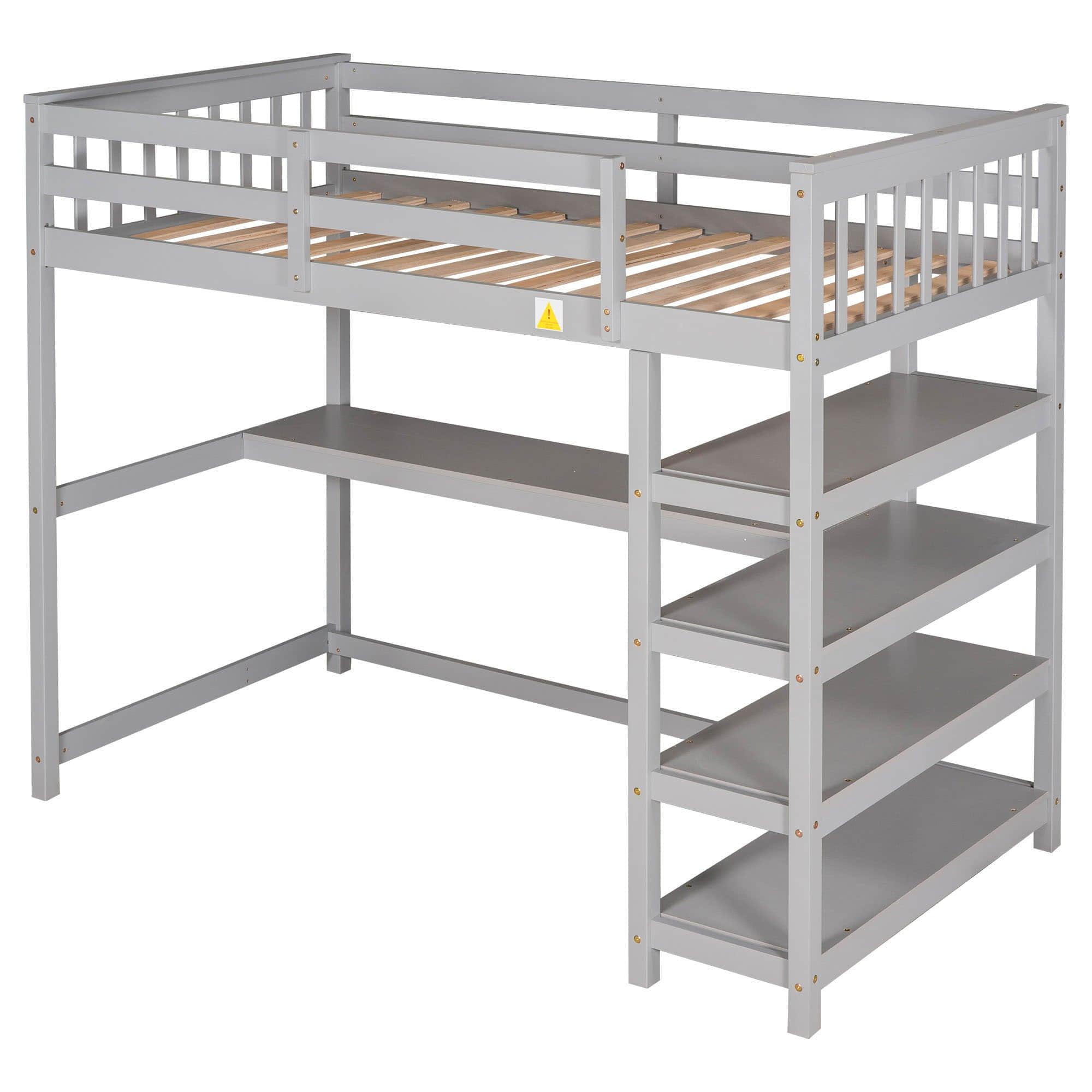 Wood Twin Loft Bed with Desk and Storage for Adults, Teens, Gamers