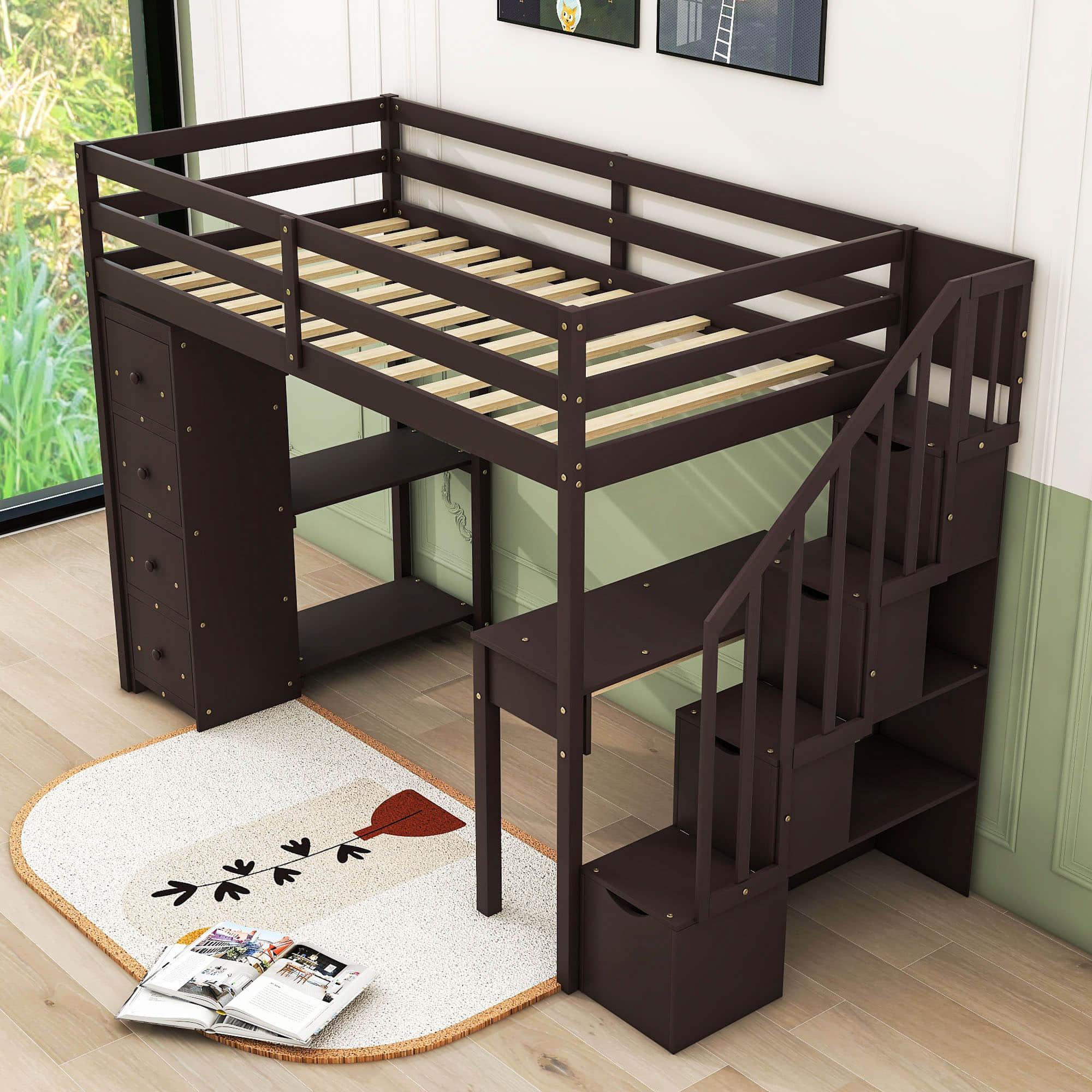 Wood Twin Loft Bed with Desk and Storage, Stairs - [Drawers, Shelves]